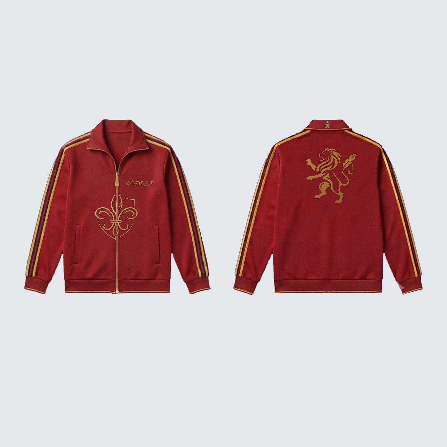 A red zip-up track jacket shown from both front and back views against a light gray background. The jacket features gold embroidered details, including a fleur-de-lis on the front, a lion emblem on the back, and gold stripes down the sleeves.