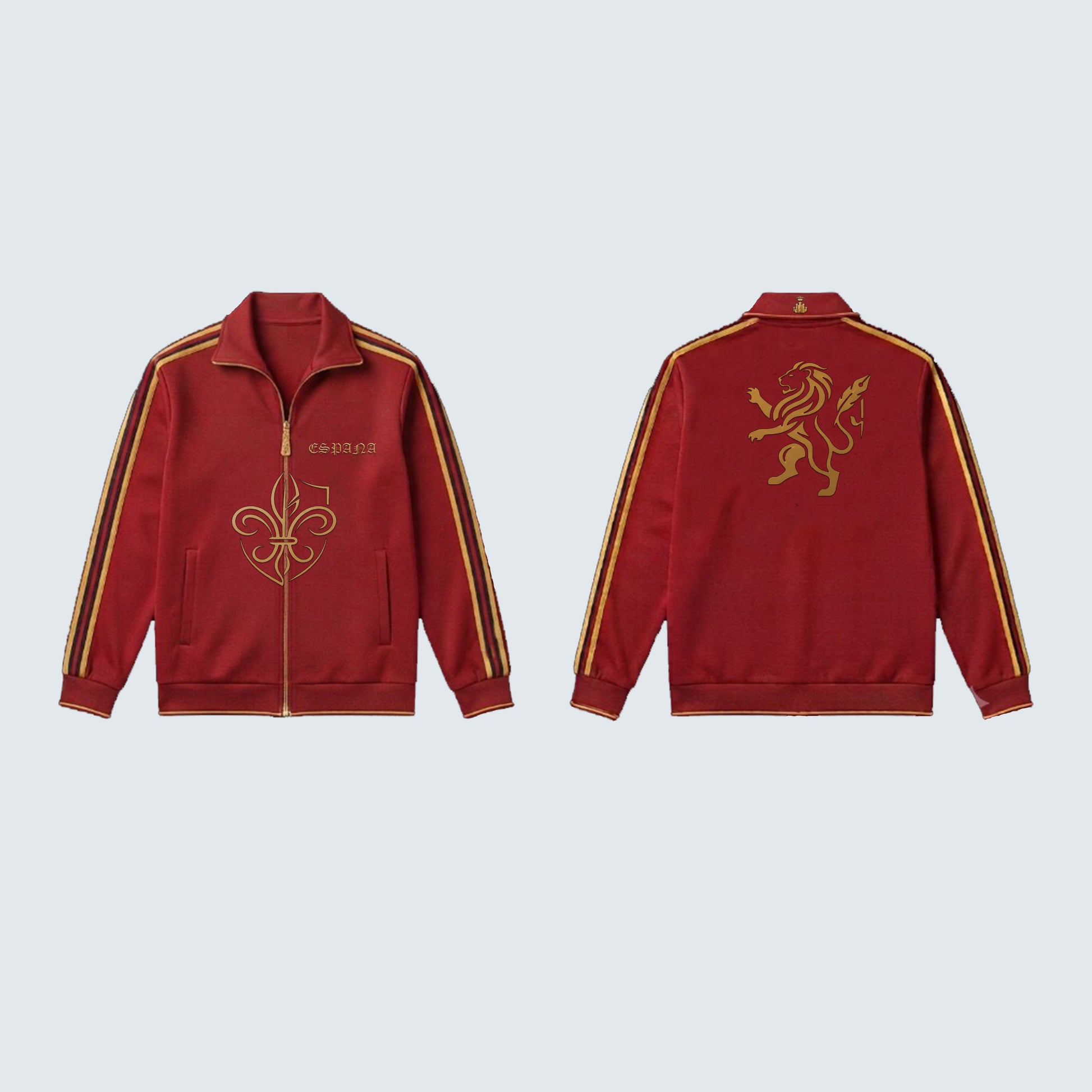 A red zip-up track jacket shown from both front and back views against a light gray background. The jacket features gold embroidered details, including a fleur-de-lis on the front, a lion emblem on the back, and gold stripes down the sleeves.